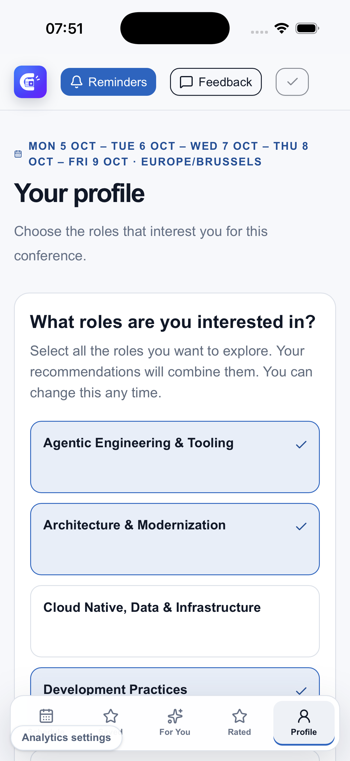 Attendee choosing roles and interests